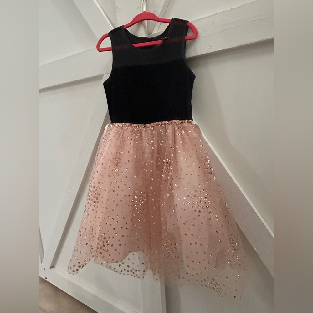 Zunie Formal Black Velvet and Pink Glitter Tulle Girls Dress